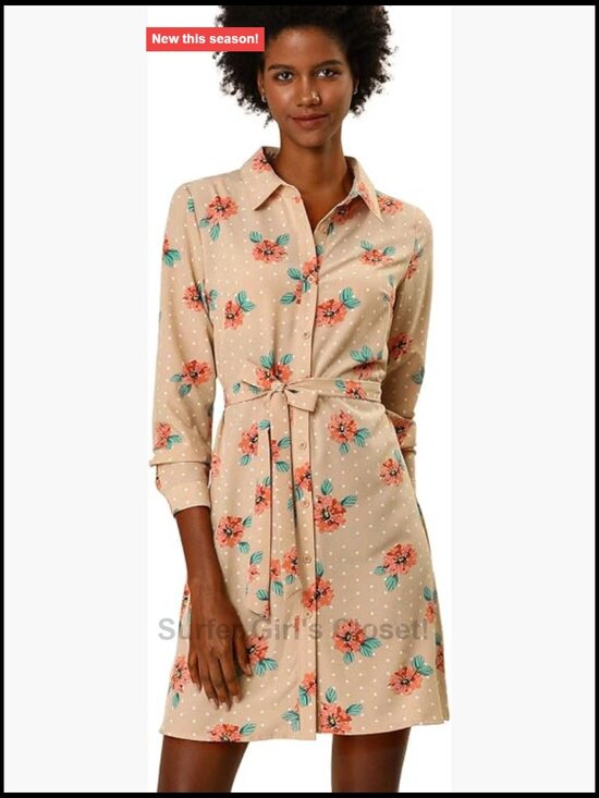Dresses & Skirts - Vintage Polka Dot Floral Print Shirt Dress Long Sleeve Tie Belt